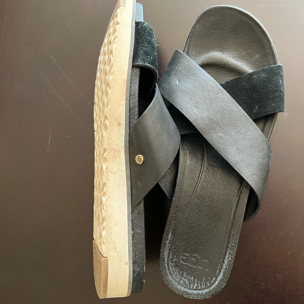 UGG Black and Tan Criss-Cross Slides